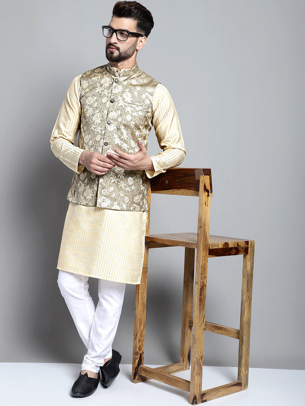 Men's Beige Embroidered Kurta Pyjama With Woven Design Nehru Jacket