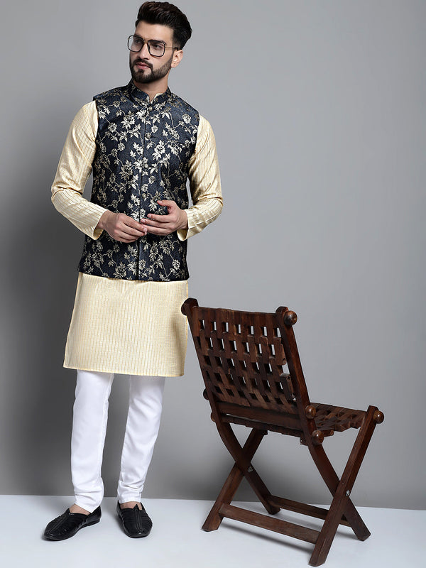 Men's Beige Embroidered Kurta Pyjama With Woven Design Nehru Jacket