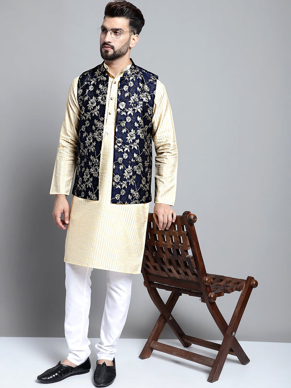 Men's Beige Embroidered Kurta Pyjama With Woven Design Nehru Jacket