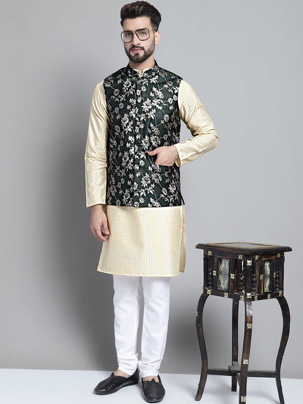 Men's Beige Embroidered Kurta Pyjama With Woven Design Nehru Jacket