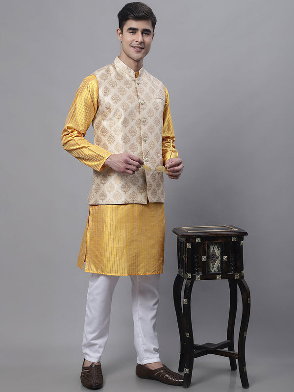 Men's Mustard Embroidered Kurta Pyjama With Floral Printed Nehru Jacket