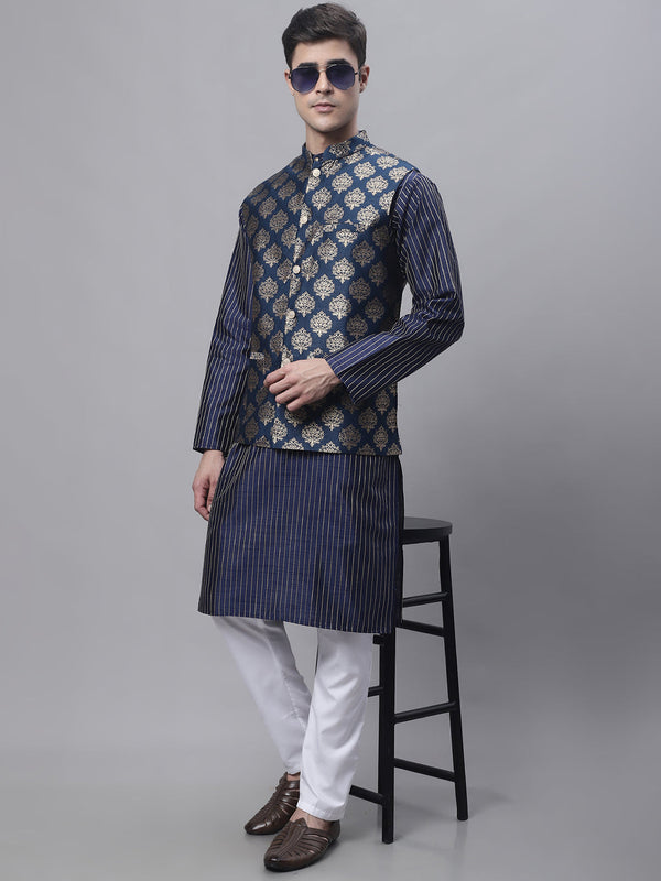 Men's Navy Blue Embroidered Kurta Pyjama With Floral Printed Nehru Jacket