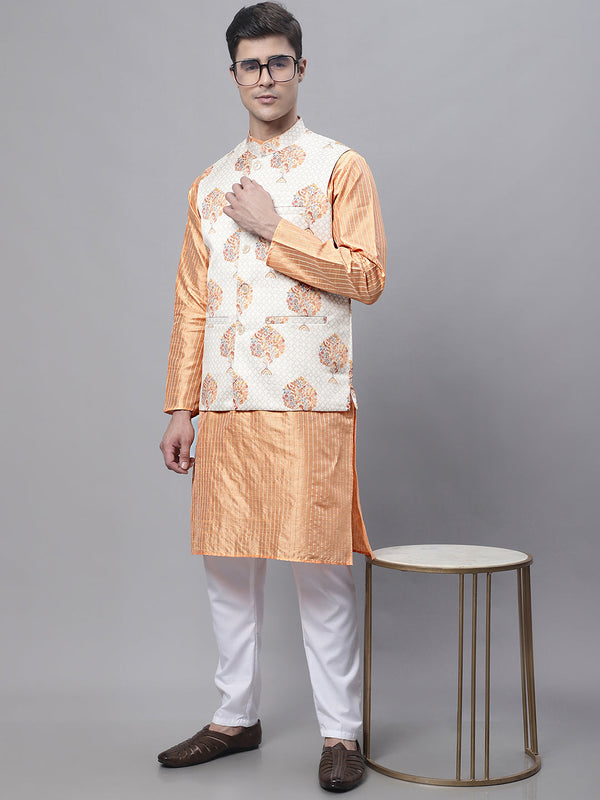 Men's Peach Embroidered Kurta Pyjama With Wihte Printed Nehru Jacket