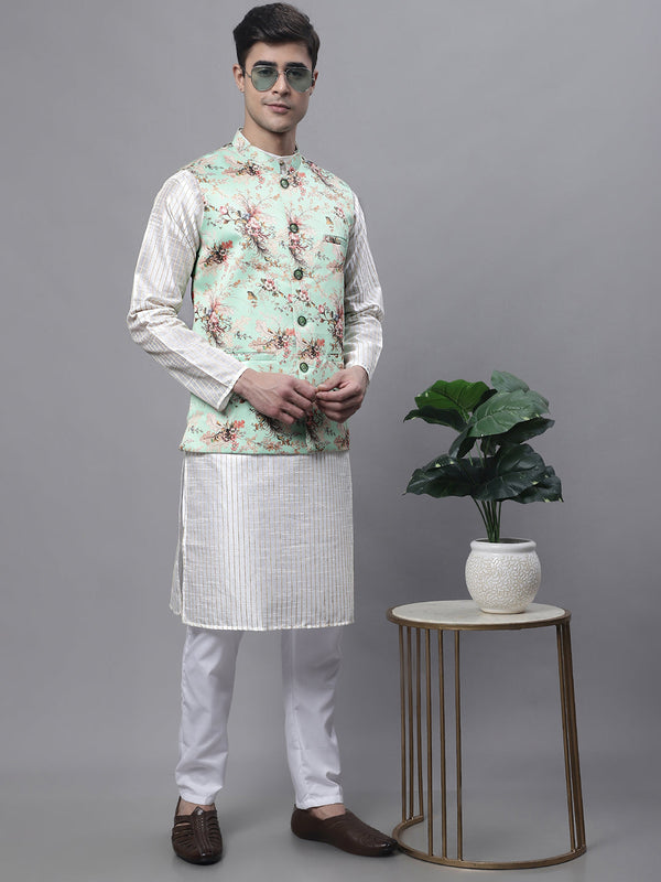 Men's Off White Embroidered Kurta Pyjama With Lime Printed Nehru Jacket