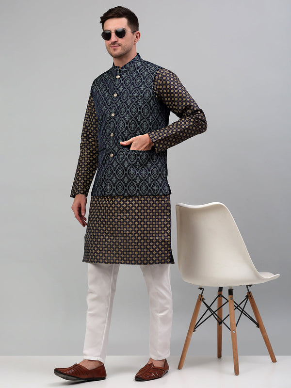 Men's Woven Design Nehru Jacket with Printed Kurta Pyjama Set