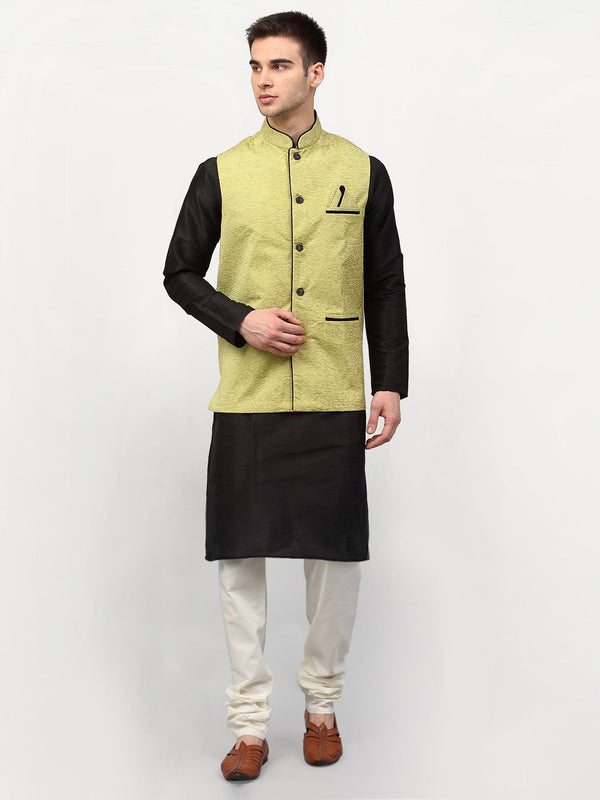 Jashvi Men's Black Dupion Silk Kurta with Churidar & Nehru Jacket