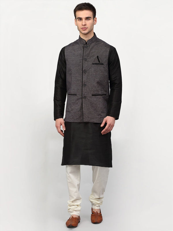 Men's Black Dupion Silk Kurta with Churidar & Nehru Jacket ( JOKPWC B-D 4024Grey ) - Virat Fashions