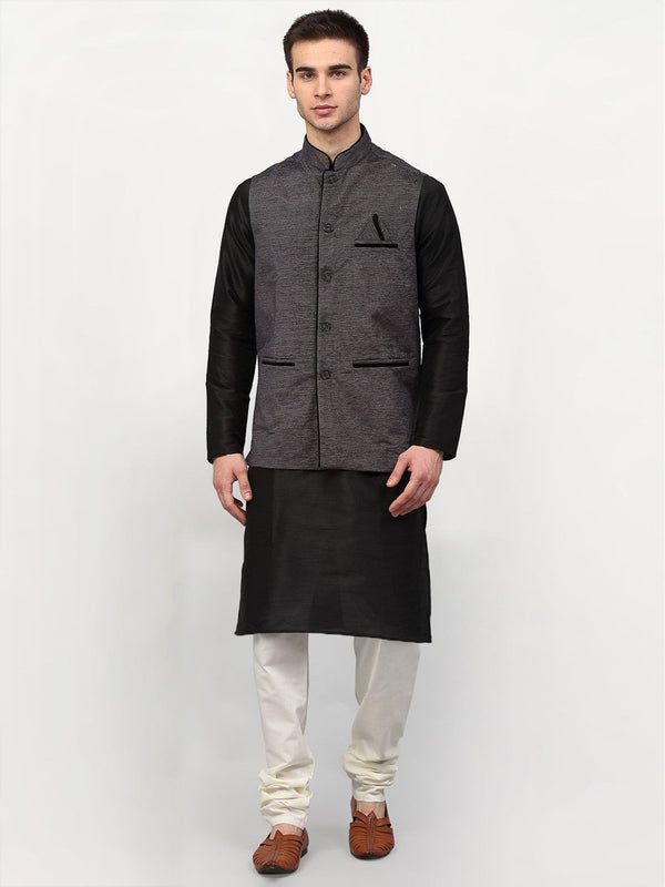 Jashvi Men's Black Dupion Silk Kurta with Churidar & Nehru Jacket