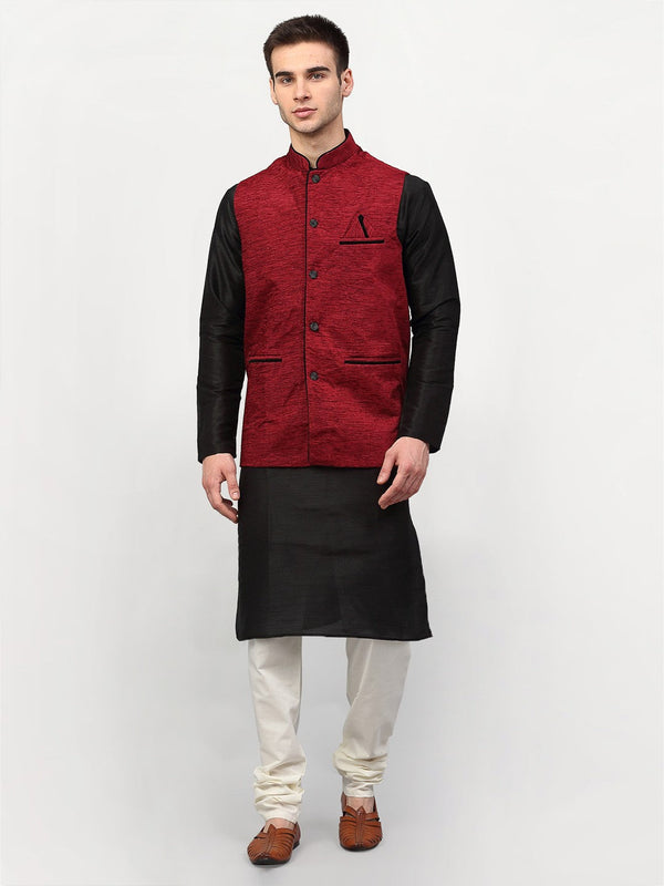 Men's Black Dupion Silk Kurta with Churidar & Nehru Jacket ( JOKPWC B-D 4024Maroon ) - Virat Fashions