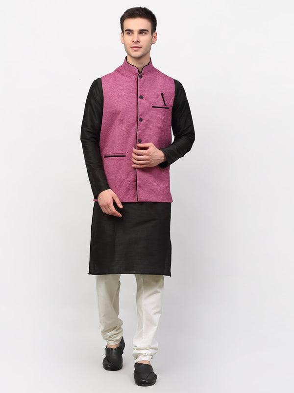 Jashvi Men's Black Dupion Silk Kurta with Churidar & Nehru Jacket