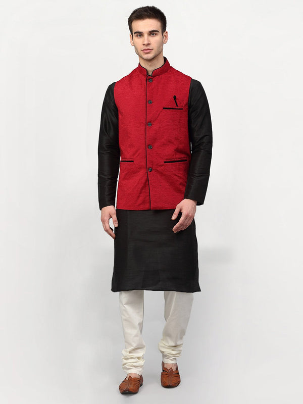 Jashvi Men's Black Dupion Silk Kurta with Churidar & Nehru Jacket