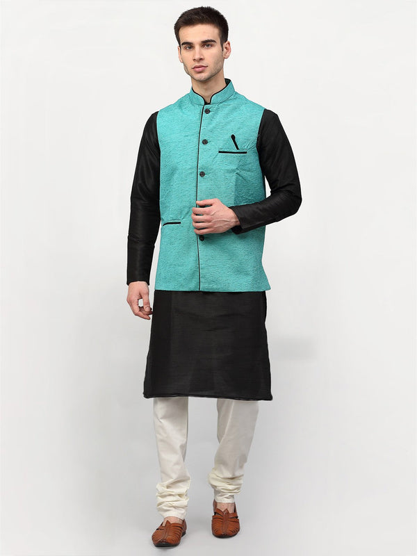 Jashvi Men's Black Dupion Silk Kurta with Churidar & Nehru Jacket