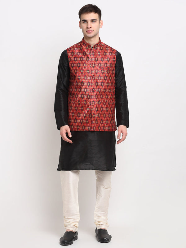 Jashvi Men's Black Dupion Silk Kurta with Churidar & Nehru Jacket