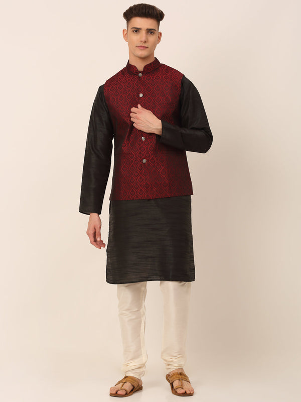 Men's Woven Design Nehru Jacket and Kurta Pyjama Set