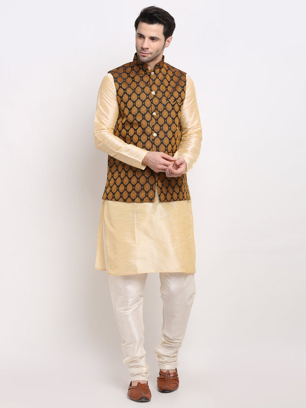 Men's Golden Dupion Silk Kurta with Churidar & Nehru Jacket ( JOKPWC G-D 4026Black ) - Virat Fashions