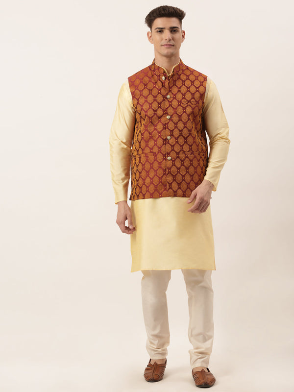 Men's Woven Design Nehru Jacket and Kurta Pyjama Set