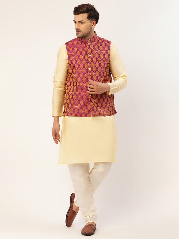 Men's Woven Design Nehru Jacket and Kurta Pyjama Set