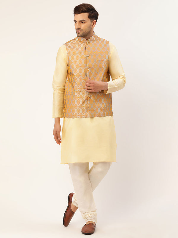 Men's Woven Design Nehru Jacket and Kurta Pyjama Set