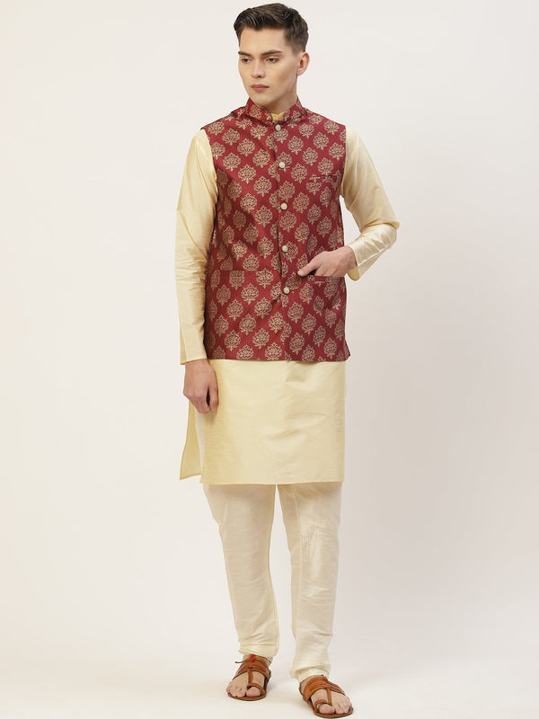 Men's Solid Kurta Pyjama With Floral Maroon Printed Nehru Jacket