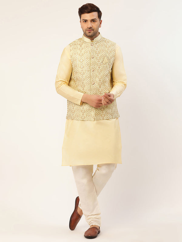 Men's Solid Kurta Pyjama With Pista Green Embroidered Nehru Jacket