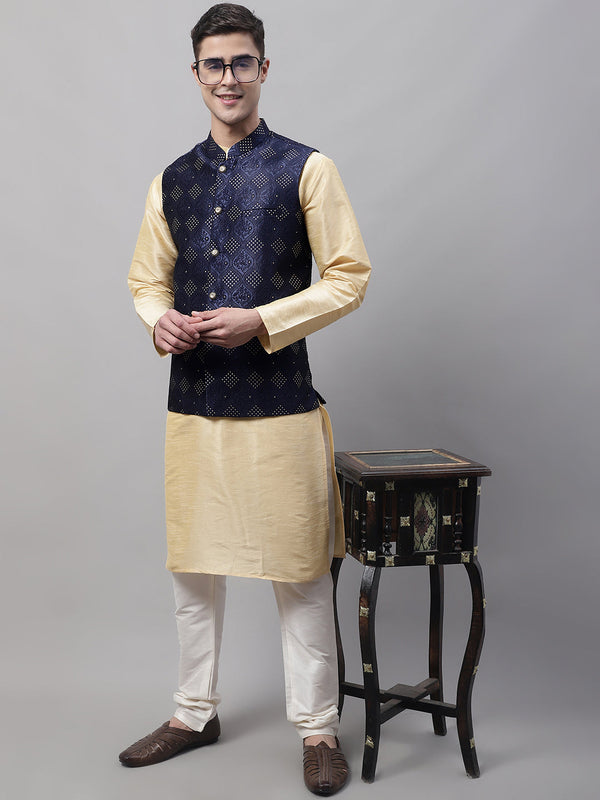 Men Golden Solid Kurta Pyjama with Navy Blue Woven Design Nehru Jacket