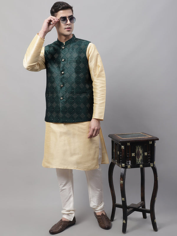 Men Golden Solid Kurta Pyjama with Olive Woven Design Nehru Jacket