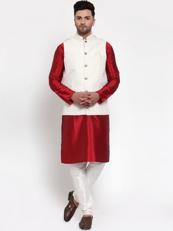 Men's Solid Dupion Kurta Pajama with Embroidered Nehru Jacket ( JOKPWC M-D 4012Beige ) - Virat Fashions