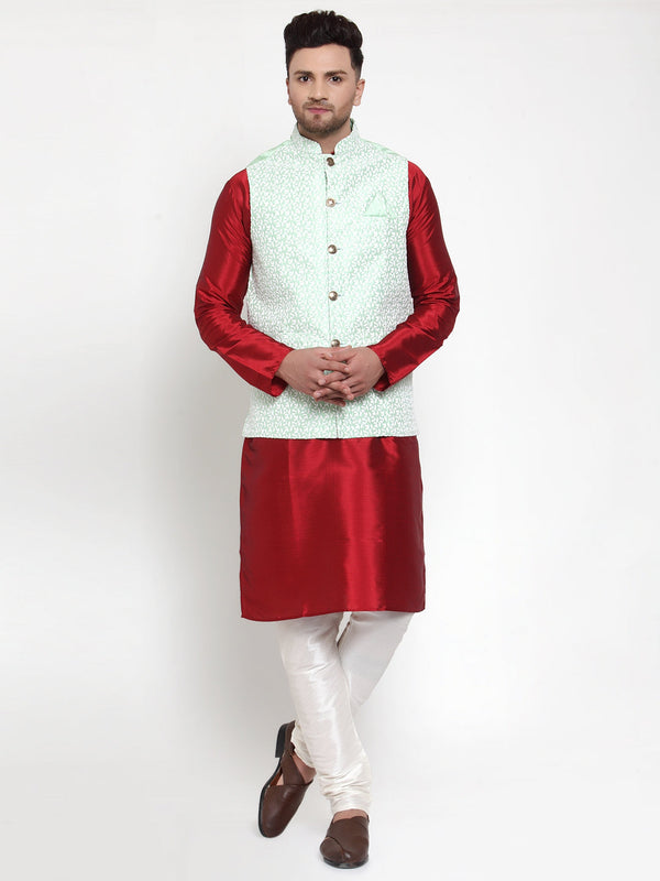 Men's Solid Dupion Kurta Pajama with Embroidered Nehru Jacket ( JOKPWC M-D 4012Light-Green ) - Virat Fashions