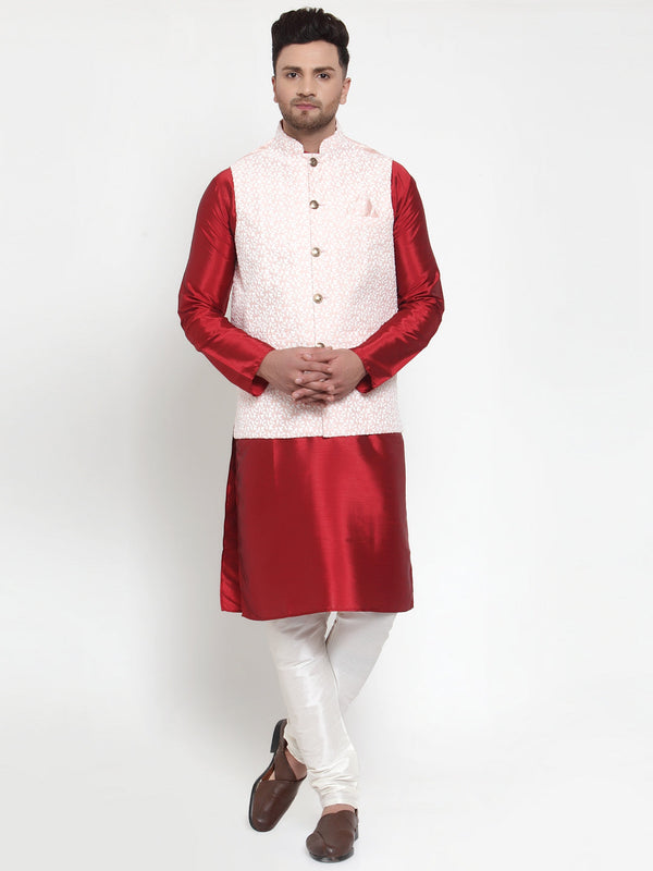 Jashvi Men's Solid Dupion Kurta Pajama with Embroidered Nehru Jacket