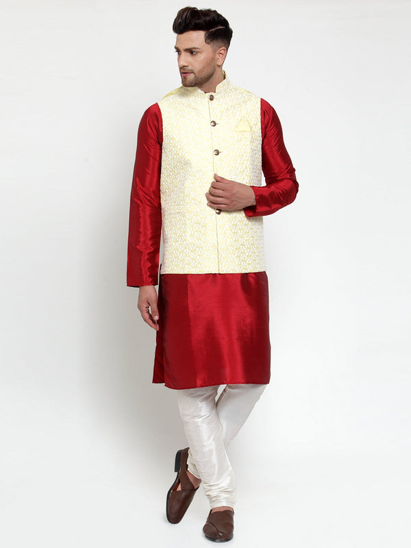 Jashvi Men's Solid Dupion Kurta Pajama with Embroidered Nehru Jacket