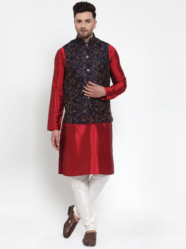 Men's Solid Dupion Kurta Pajama with Woven Nehru Jacket ( JOKPWC M-D 4013Navy ) - Virat Fashions