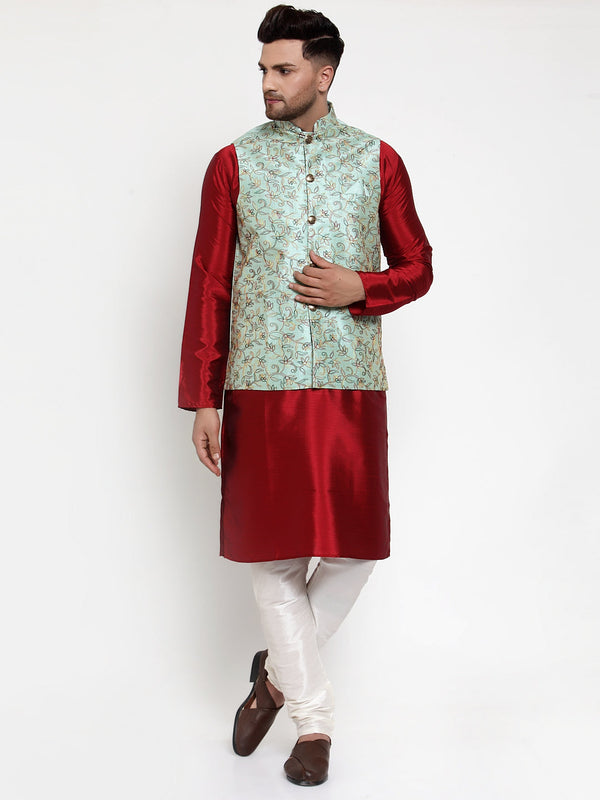 Jashvi Men's Solid Dupion Kurta Pajama with Woven Nehru Jacket