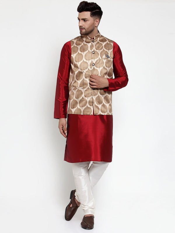 Jashvi Men's Solid Dupion Kurta Pajama with Printed Nehru Jacket