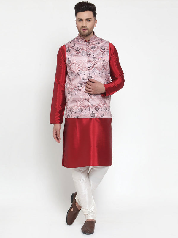 Jashvi Men's Solid Dupion Kurta Pajama with Printed Nehru Jacket