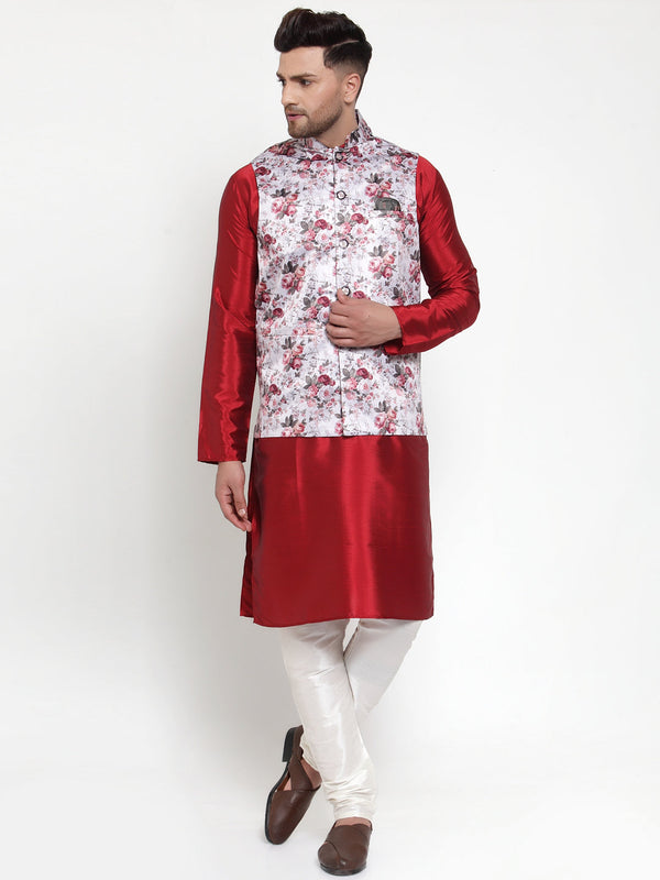 Jashvi Men's Solid Dupion Kurta Pajama with Printed Nehru Jacket