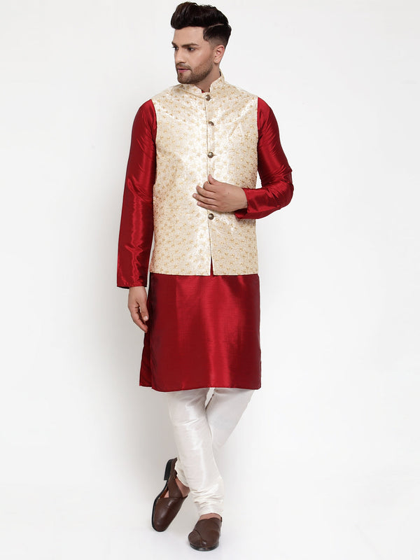 Men's Solid Dupion Kurta Pajama with Embroidered Nehru Jacket ( JOKPWC M-D 4015Cream ) - Virat Fashions