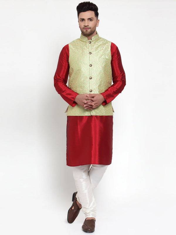 Jashvi Men's Solid Dupion Kurta Pajama with Embroidered Nehru Jacket