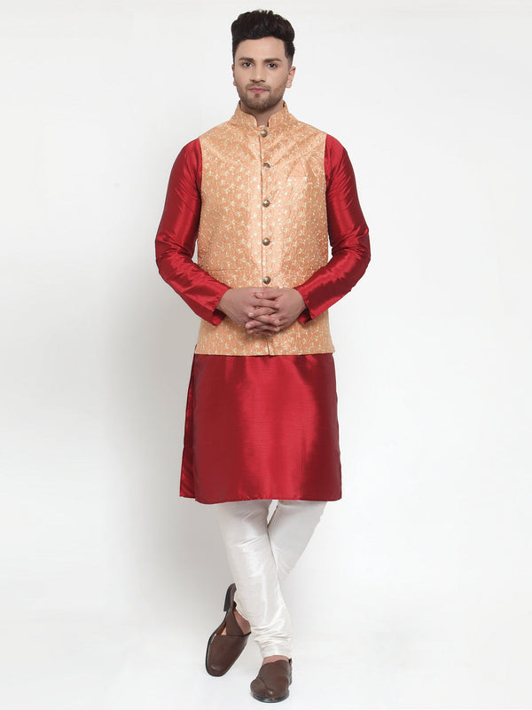 Men's Solid Dupion Kurta Pajama with Embroidered Nehru Jacket ( JOKPWC M-D 4015Peach ) - Virat Fashions