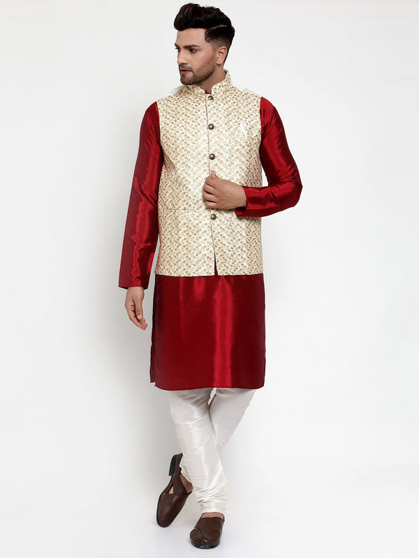 Jashvi Men's Solid Dupion Kurta Pajama with Embroidered Nehru Jacket