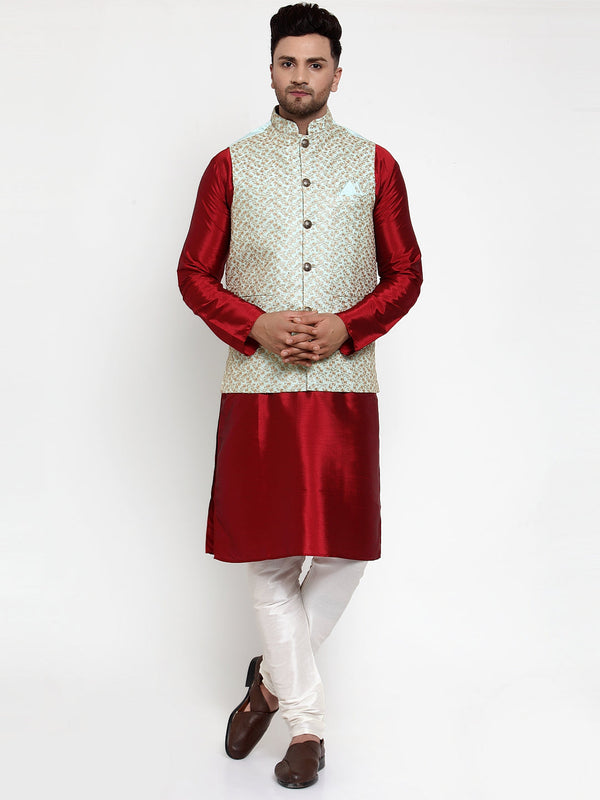 Jashvi Men's Solid Dupion Kurta Pajama with Embroidered Nehru Jacket