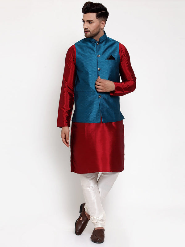 Men's Solid Dupion Kurta Pajama with Woven Nehru Jacket ( JOKPWC M-D 4017Blue ) - Virat Fashions