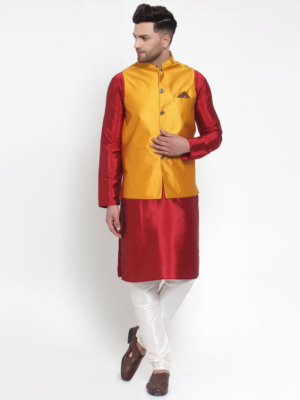 Jashvi Men's Solid Dupion Kurta Pajama with Woven Nehru Jacket