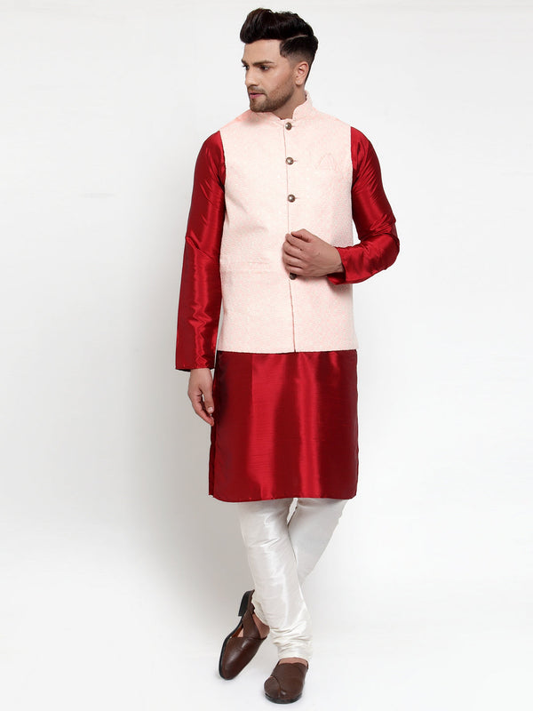 Jashvi Men's Solid Dupion Kurta Pajama with Embroiderd Nehru Jacket