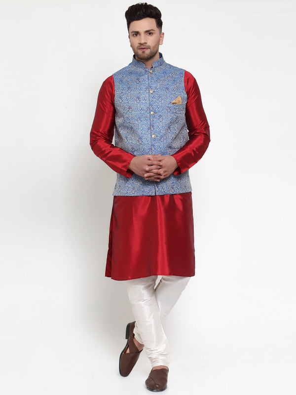 Jashvi Men's Solid Dupion Kurta Pajama with Woven Jacqaurd Nehru Jacket