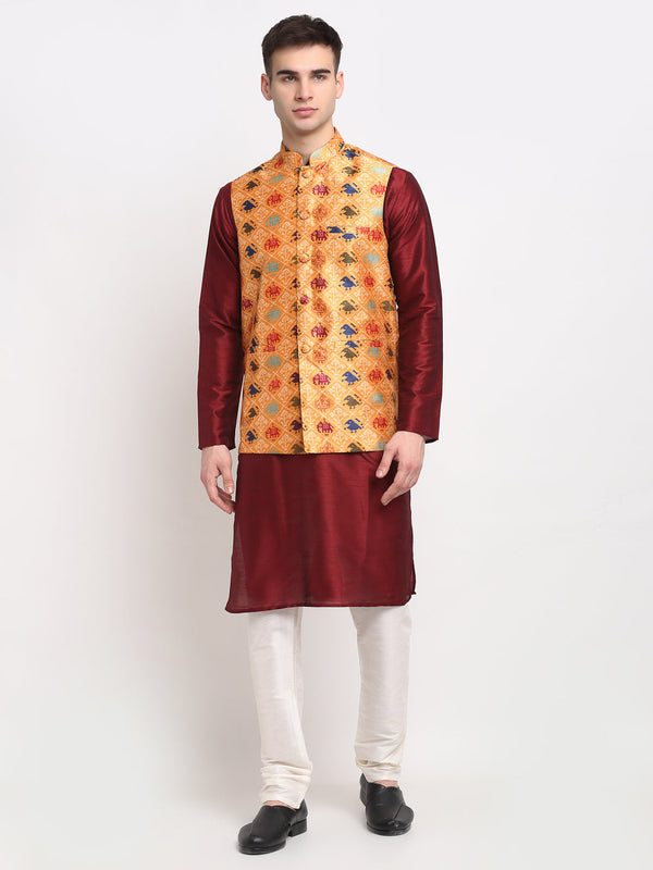 Jashvi Men's Maroon Dupion Silk Kurta with Churidar & Nehru Jacket