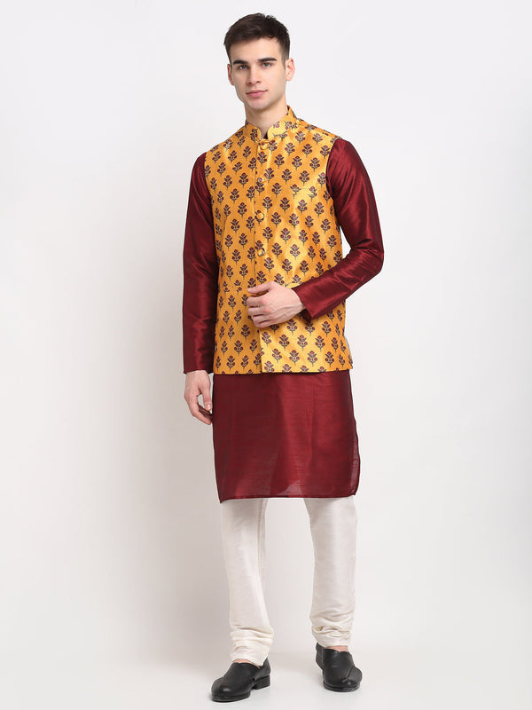 Men's Maroon Dupion Silk Kurta with Churidar & Nehru Jacket ( JOKPWC M-D 4025Yellow ) - Virat Fashions