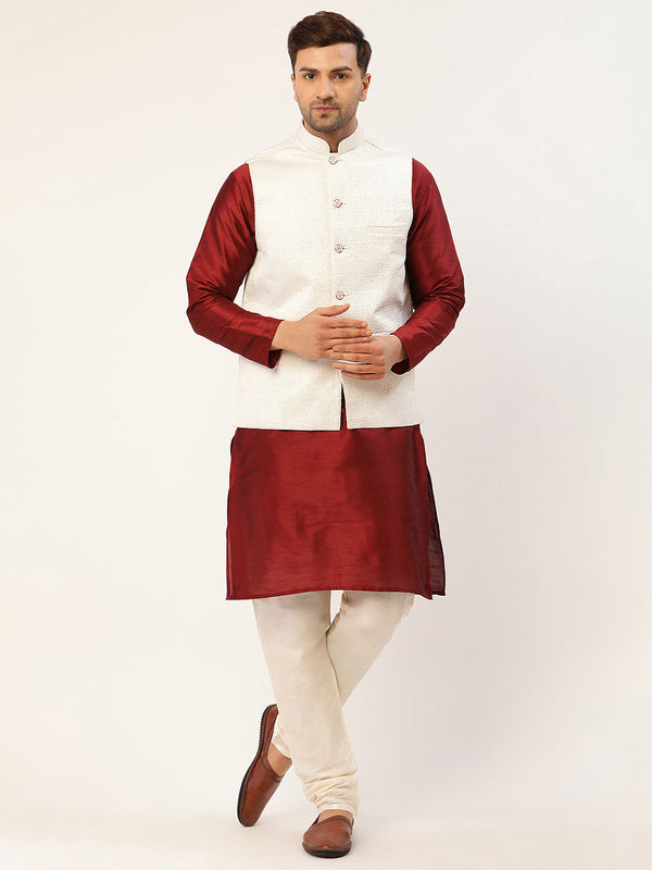 Men's Solid Kurta Pyjama With White Embroidered Nehru Jacket