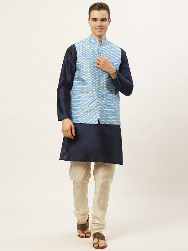 Men's Ikat Printed Nehru Jacket and Kurta Pyjama Set