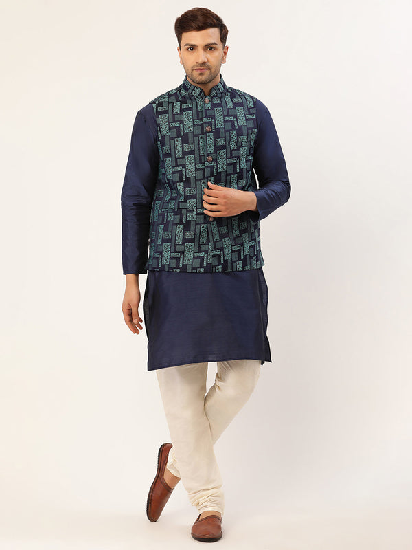 Men's Solid Kurta Pyjama With Blue Woven Design Nehru Jacket