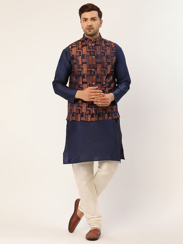 Men's Solid Kurta Pyjama With Bronze Woven Design Nehru Jacket